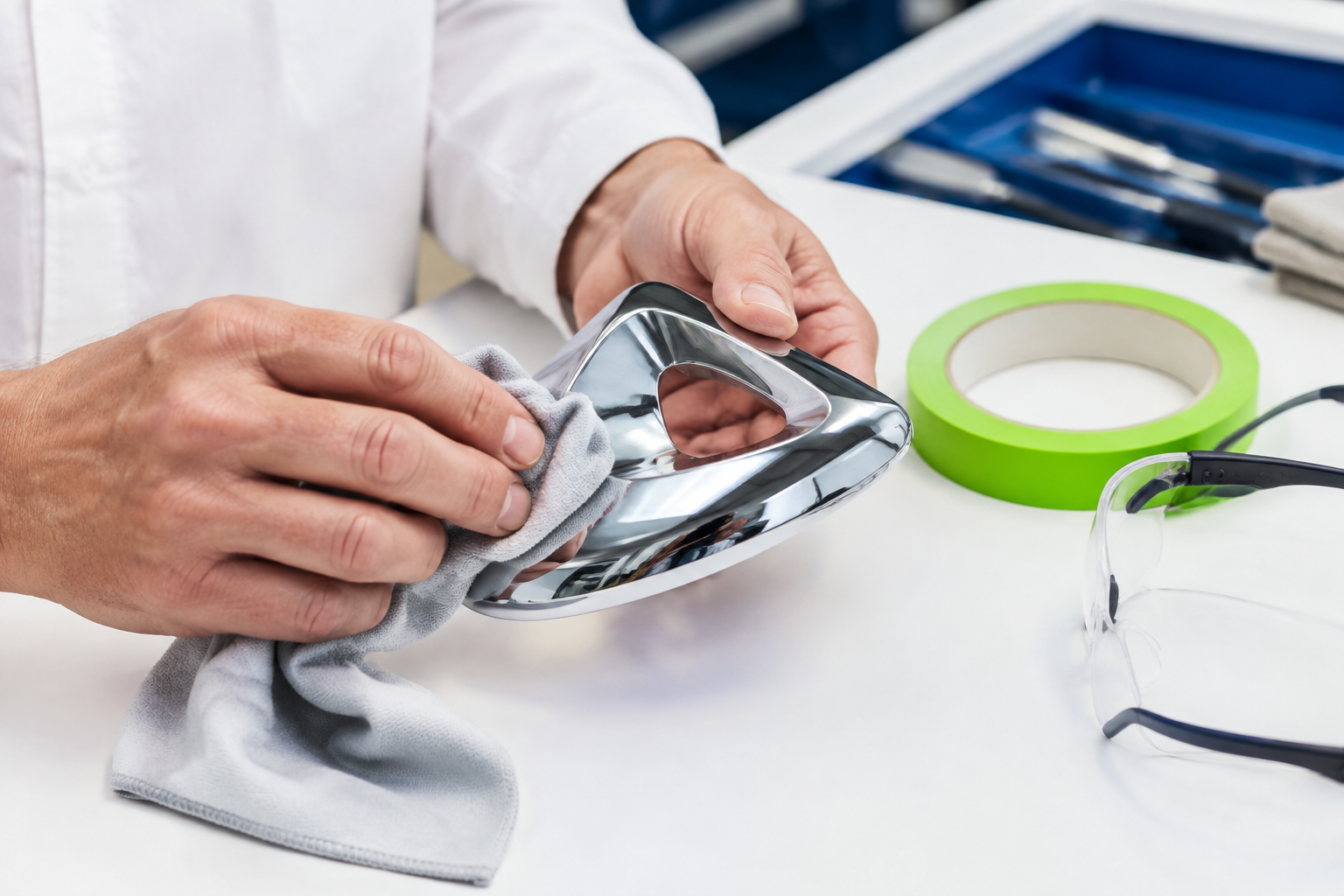 Professional hands polishing a chrome design object on a bright workbench