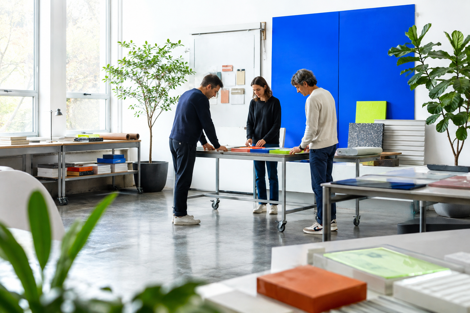 Collaborators reviewing colorful material samples in a bright design lab